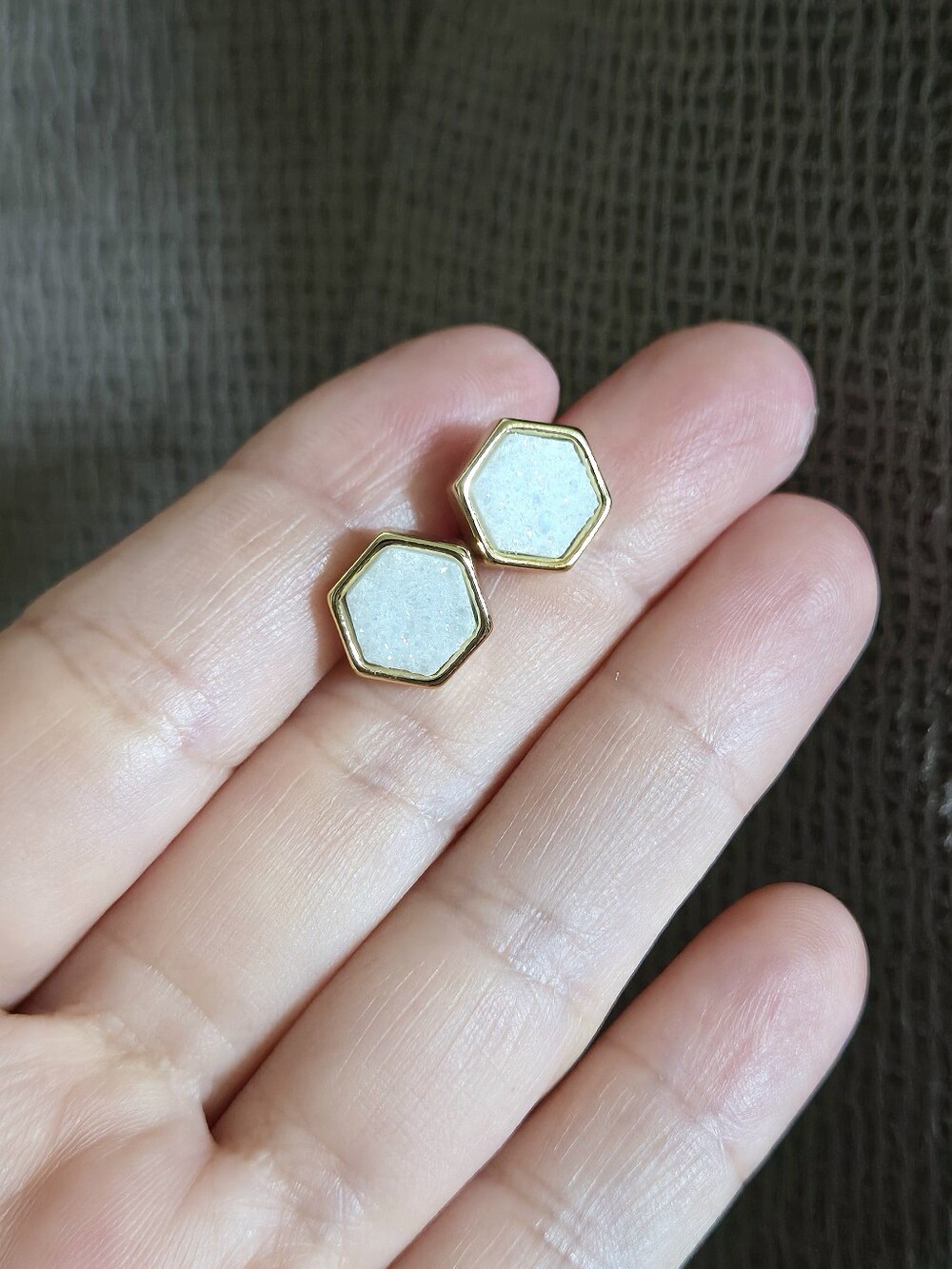 Luna🌙 Norte White Druzy Quartz Hexagon Earrings - Picture 7 of 16